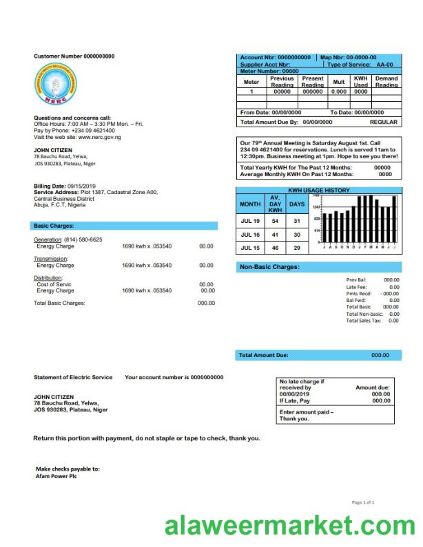 Nigeria Nigerian Electricity Regulatory Commission electricity utility bill template in Word and PDF format